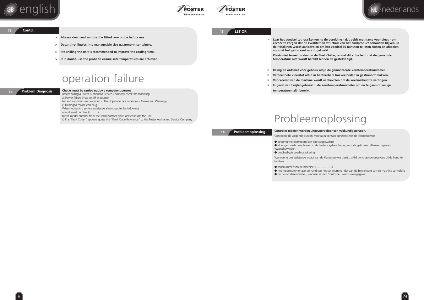English, Operation failure, Probleemoplossing | Nederlands | Foster RBC20 User Manual | Page 8 / 18