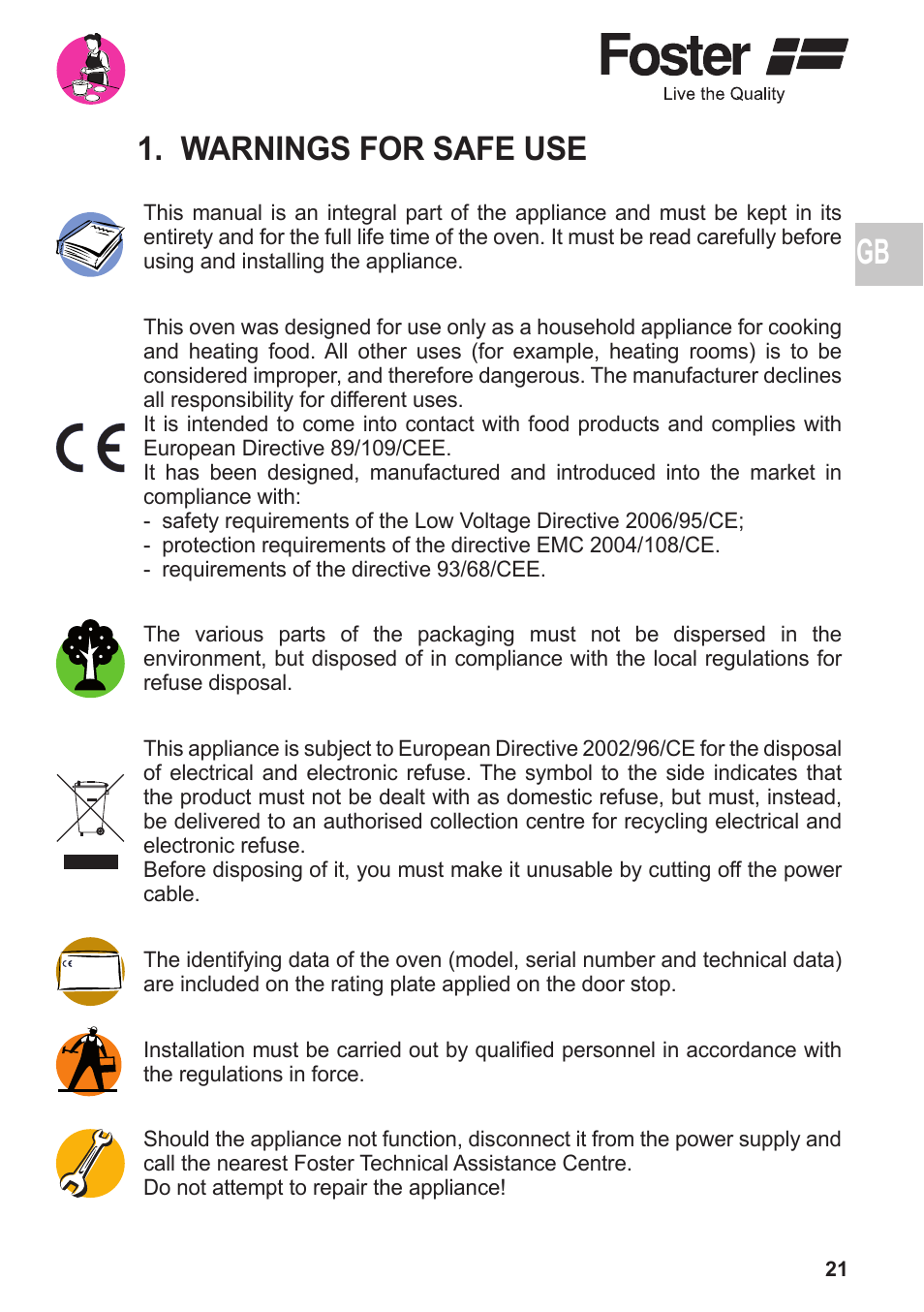 Warnings for safe use | Foster BUILT-IN OVEN Compact 7170 052 User Manual | Page 3 / 18