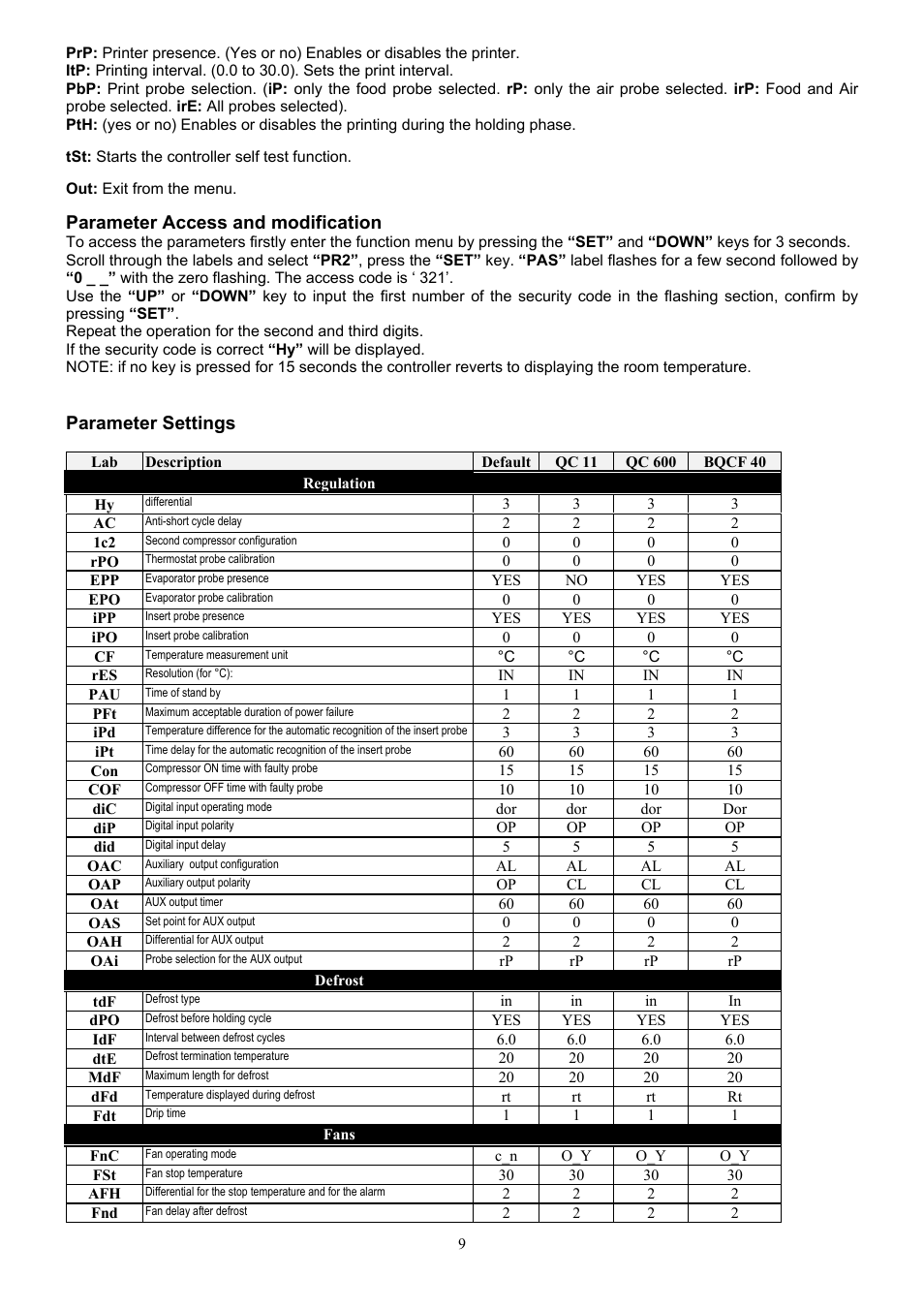 Parameter access and modification, Parameter settings | Foster QC 11 User Manual | Page 10 / 19