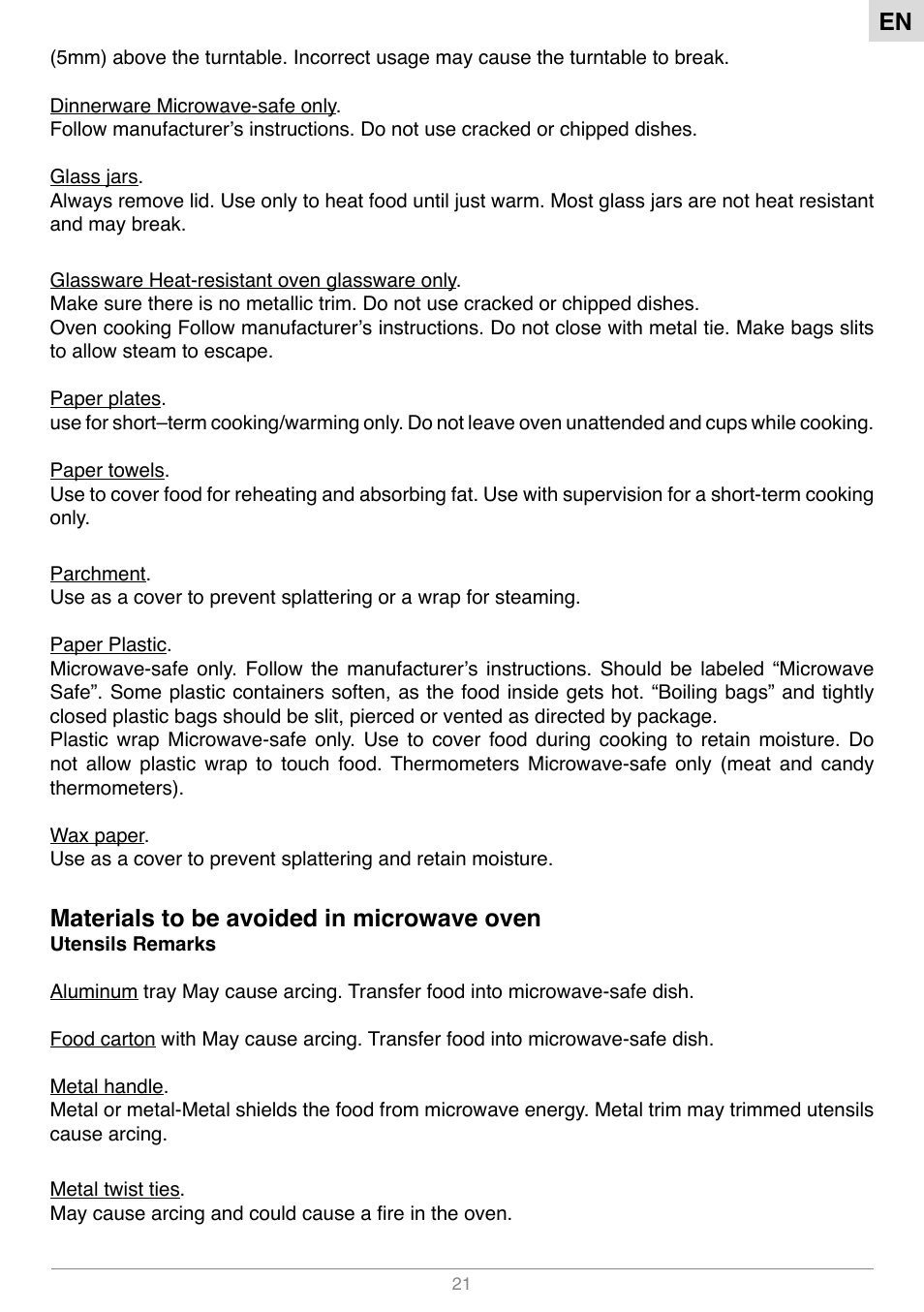 Materials to be avoided in microwave oven | Foster Forno Micro+grill S1000 User Manual | Page 6 / 17