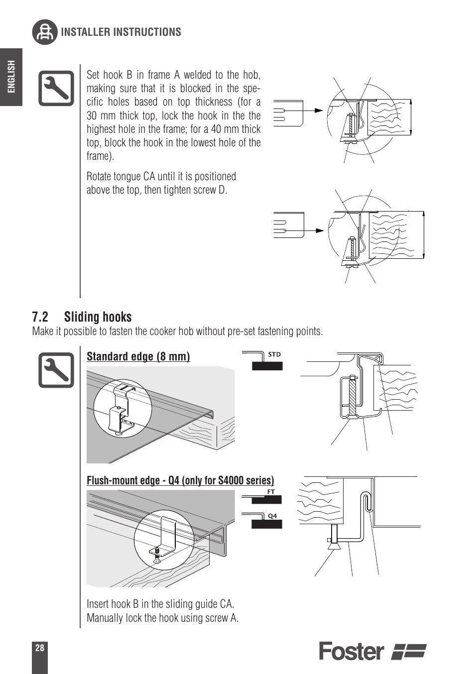 2 sliding hooks | Foster Gas Cooker Hobs 9606801 User Manual | Page 10 / 35
