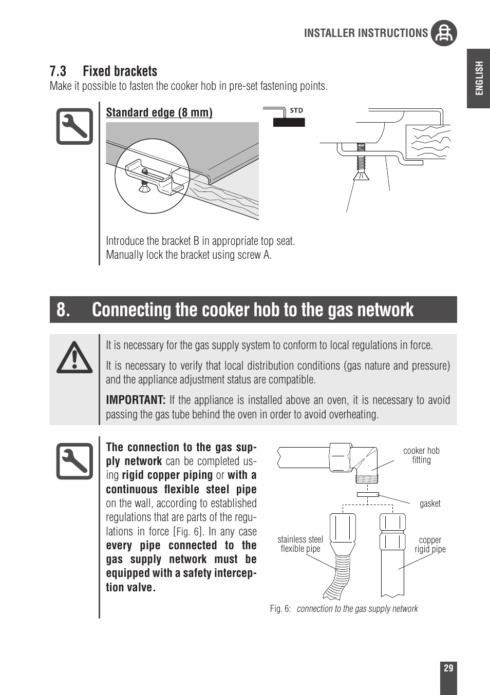 Connecting the cooker hob to the gas network, 3 fixed brackets | Foster Gas Cooker Hobs 9606801 User Manual | Page 11 / 35