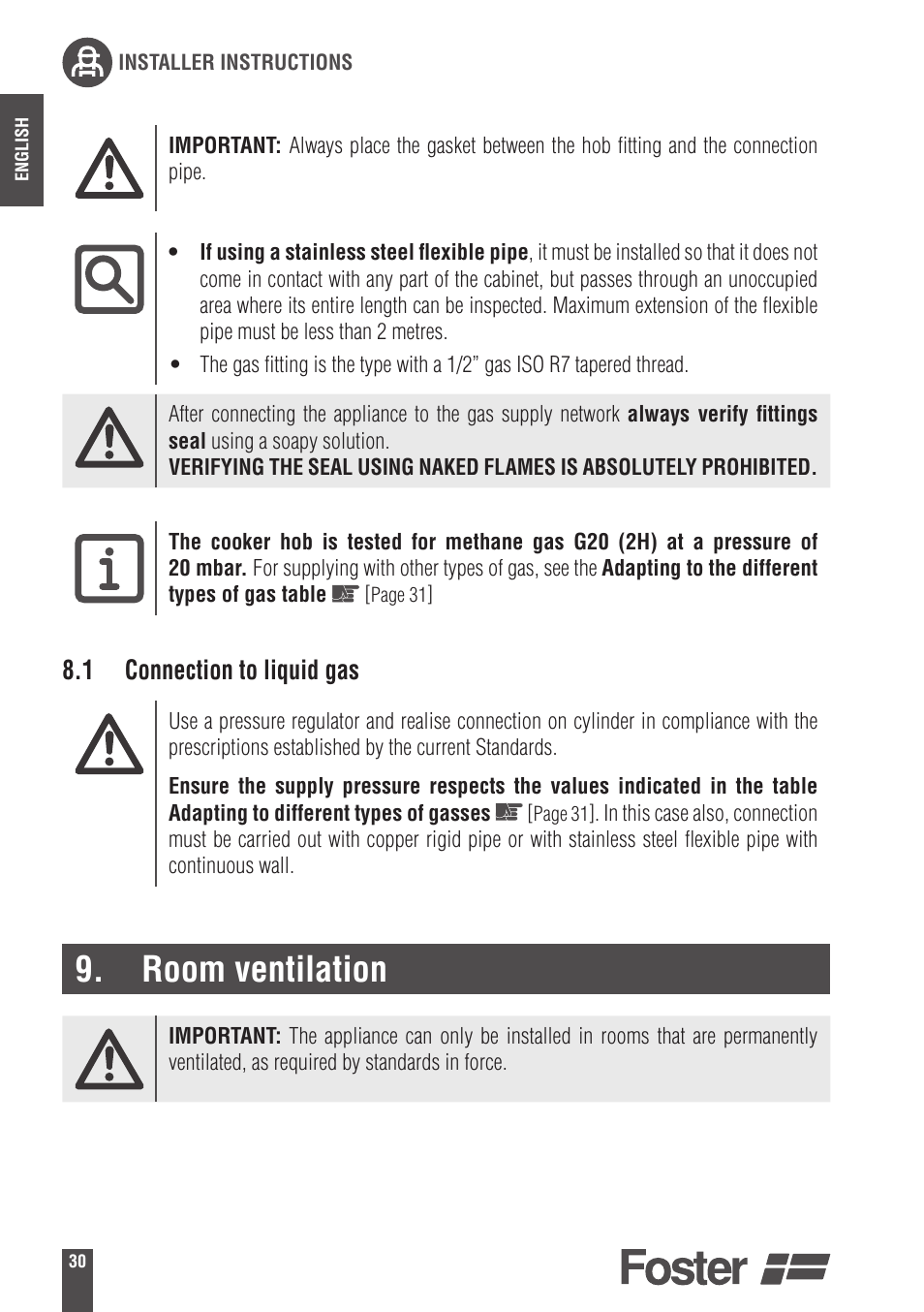Room ventilation, 1 connection to liquid gas | Foster Gas Cooker Hobs 9606801 User Manual | Page 12 / 35