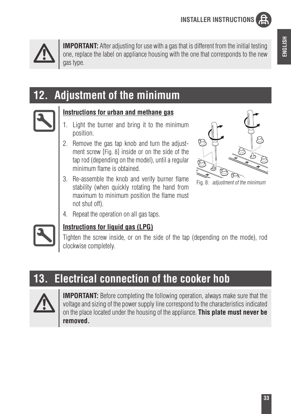 Adjustment of the minimum, Electrical connection of the cooker hob | Foster Gas Cooker Hobs 9606801 User Manual | Page 15 / 35