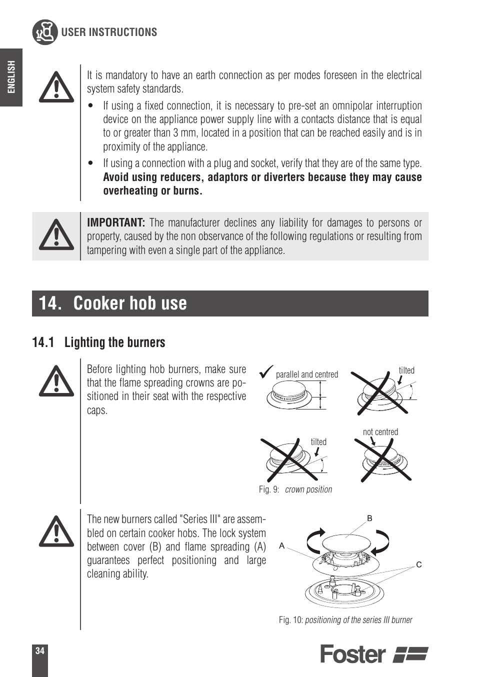 Cooker hob use, 1 lighting the burners | Foster Gas Cooker Hobs 9606801 User Manual | Page 16 / 35