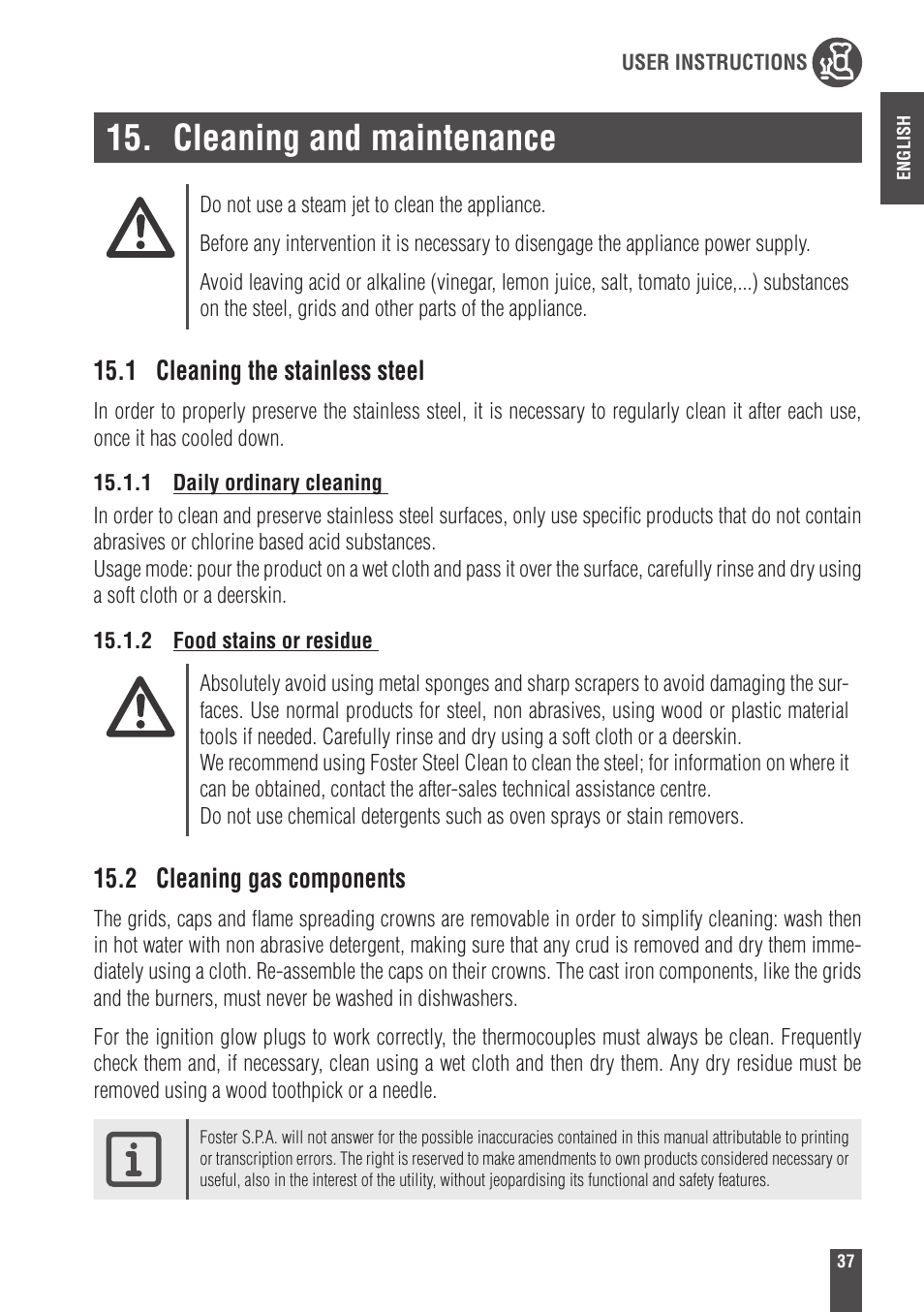 Cleaning and maintenance, 1 cleaning the stainless steel, 2 cleaning gas components | Foster Gas Cooker Hobs 9606801 User Manual | Page 19 / 35