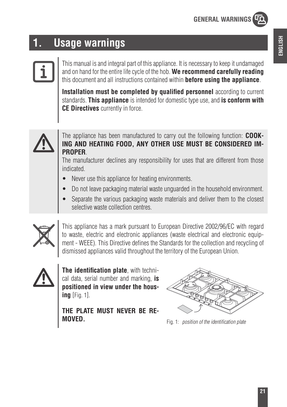 Usage warnings | Foster Gas Cooker Hobs 9606801 User Manual | Page 3 / 35