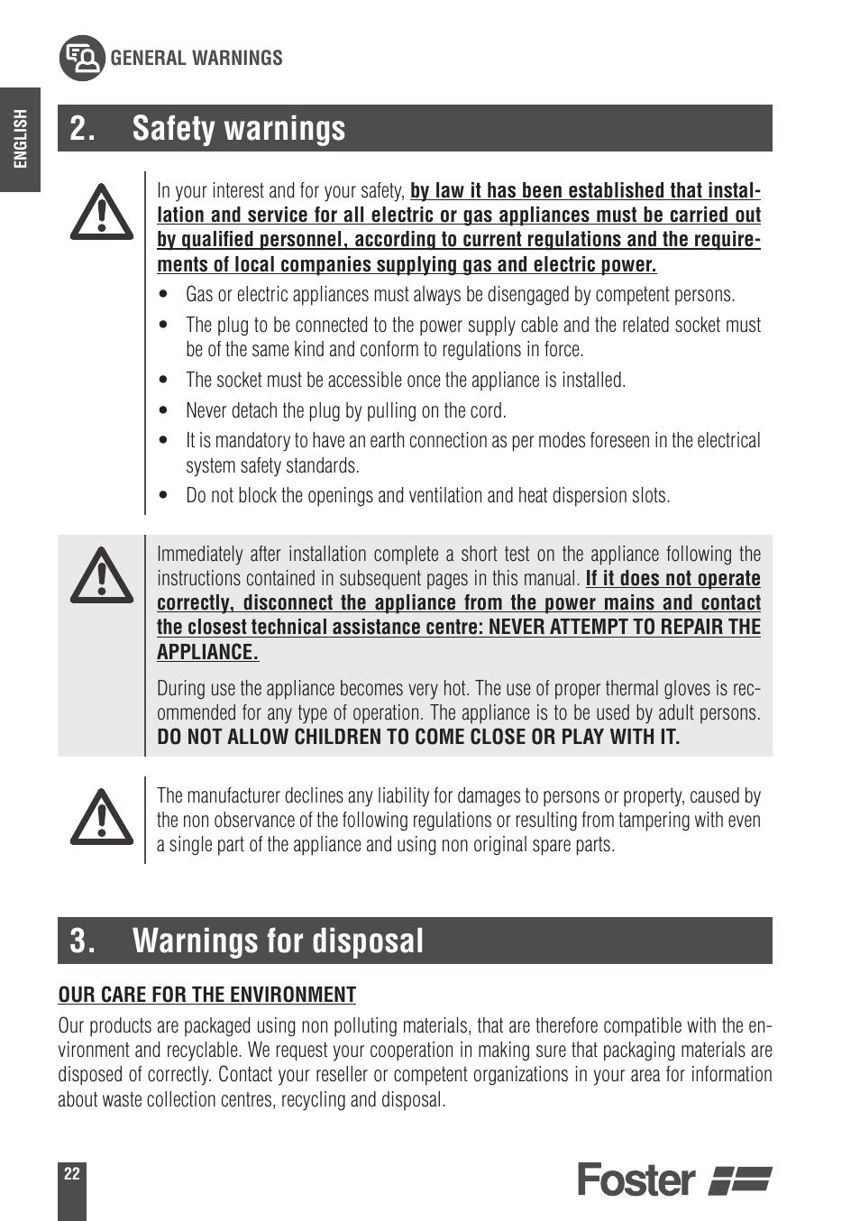 Safety warnings, Warnings for disposal | Foster Gas Cooker Hobs 9606801 User Manual | Page 4 / 35