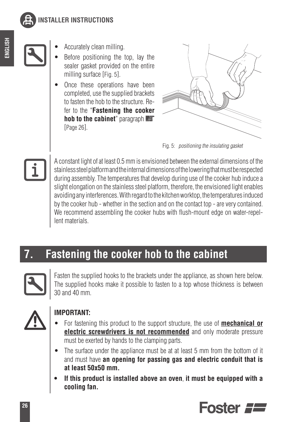 Fastening the cooker hob to the cabinet | Foster Gas Cooker Hobs 9606801 User Manual | Page 8 / 35