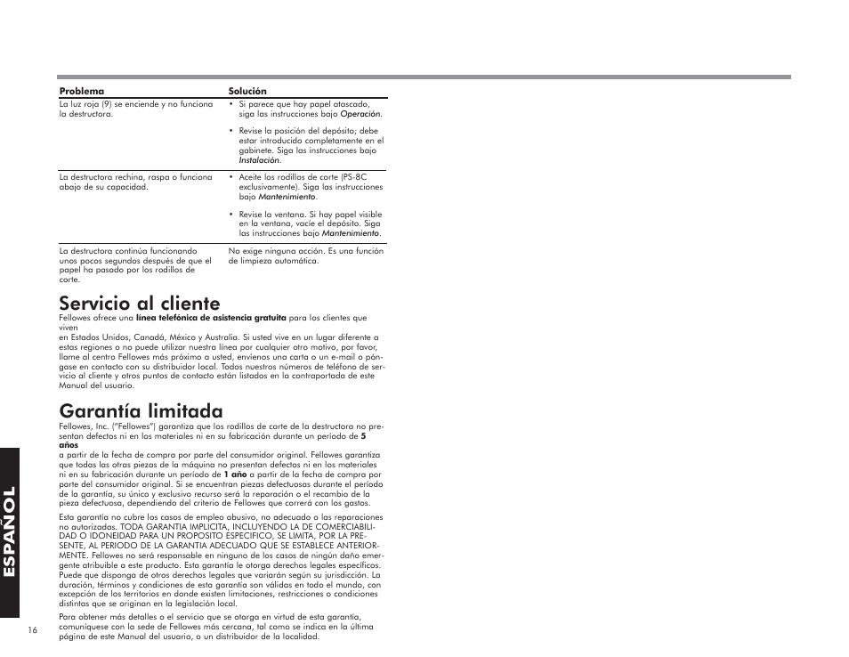 Servicio al cliente, Garantía limitada, Esp añol | FELLOWES PS-8C User Manual | Page 10 / 10