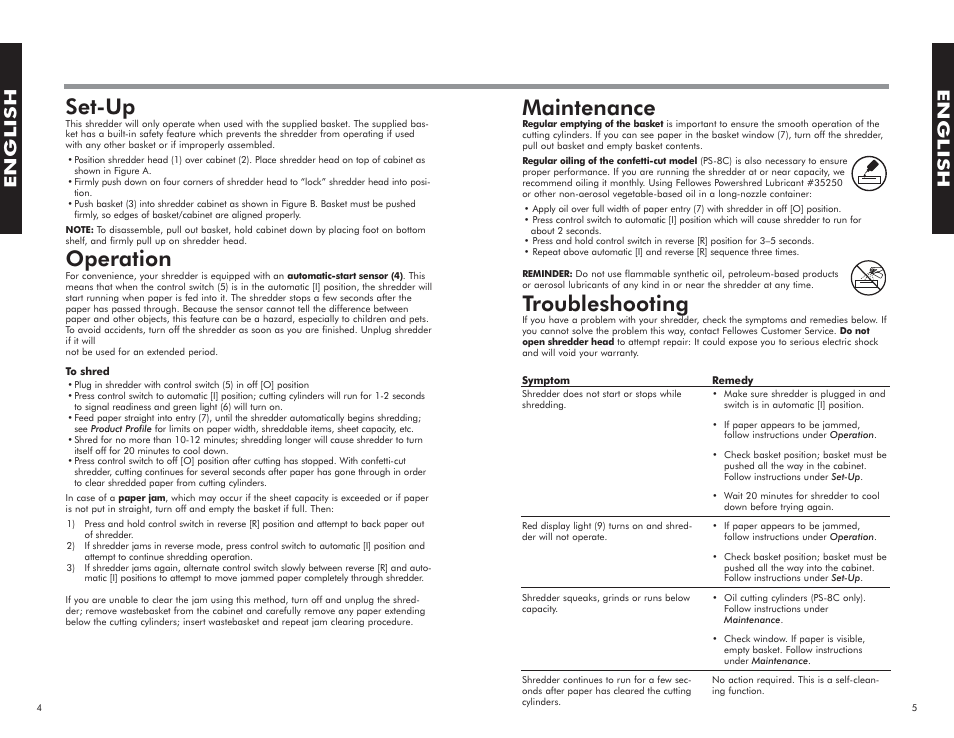 Maintenance, Troubleshooting, Set-up | Operation, English | FELLOWES PS-8C User Manual | Page 4 / 10