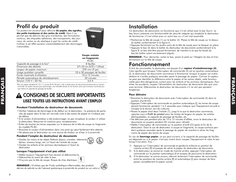 Installation, Fonctionnement, Profil du produit | Consignes de securite importantes, Français, Lisez toutes les instructions avant l’emploi | FELLOWES PS-8C User Manual | Page 6 / 10