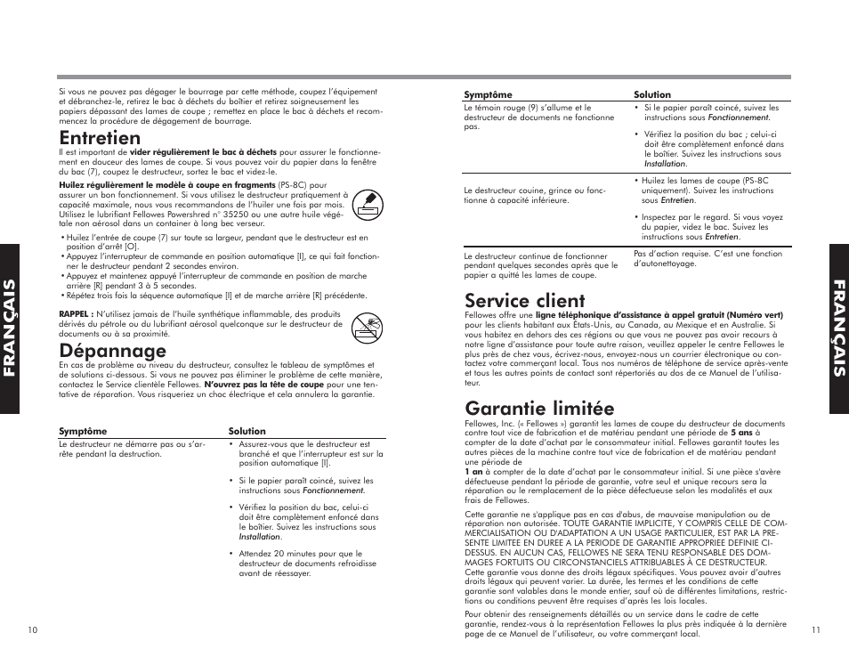 Service client, Garantie limitée, Entretien | Dépannage, Français | FELLOWES PS-8C User Manual | Page 7 / 10