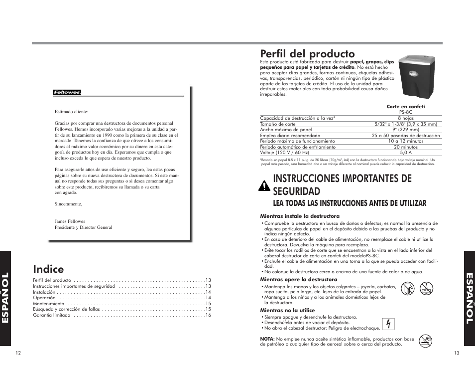Indice, Perfil del producto, Instrucciones importantes de seguridad | Esp añol, Lea todas las instrucciones antes de utilizar | FELLOWES PS-8C User Manual | Page 8 / 10