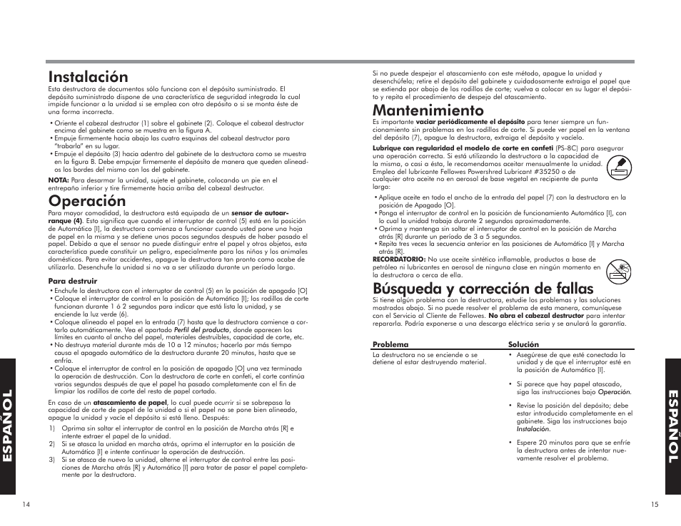 Mantenimiento, Búsqueda y corrección de fallas, Instalación | Operación, Esp añol | FELLOWES PS-8C User Manual | Page 9 / 10