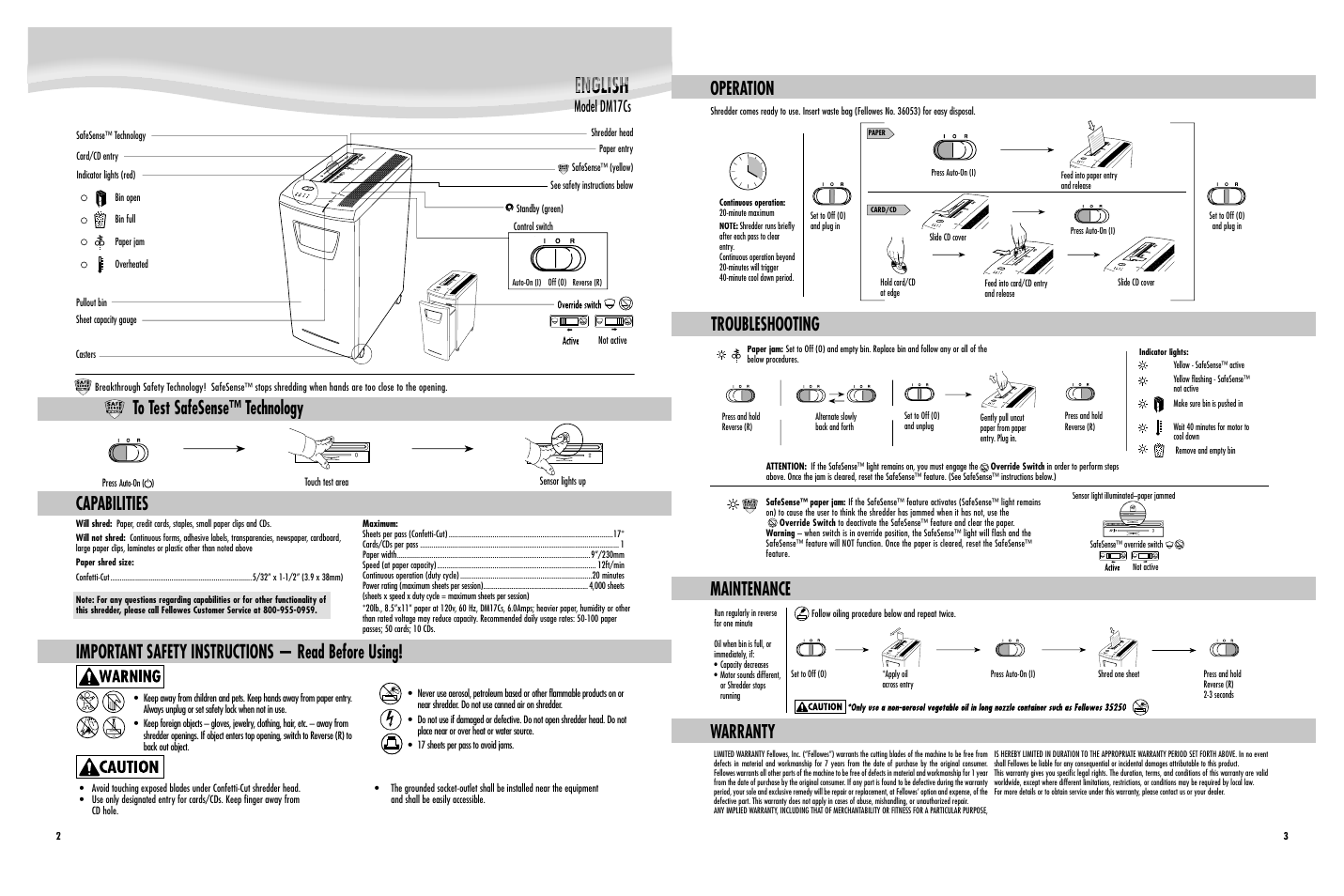 Important safety instructions — read before using, Capabilities, Maintenance operation troubleshooting warranty | Model dm17cs | FELLOWES SHREDDERS DM17CS User Manual | Page 2 / 2