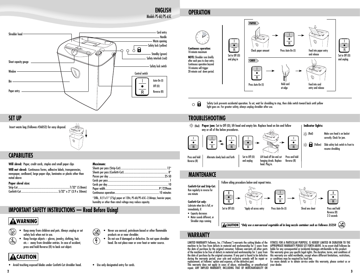 Set up english, Capabilities, Important safety instructions — read before using | Operation troubleshooting, Warranty, Maintenance | FELLOWES PS-65CPS-60 User Manual | Page 2 / 2
