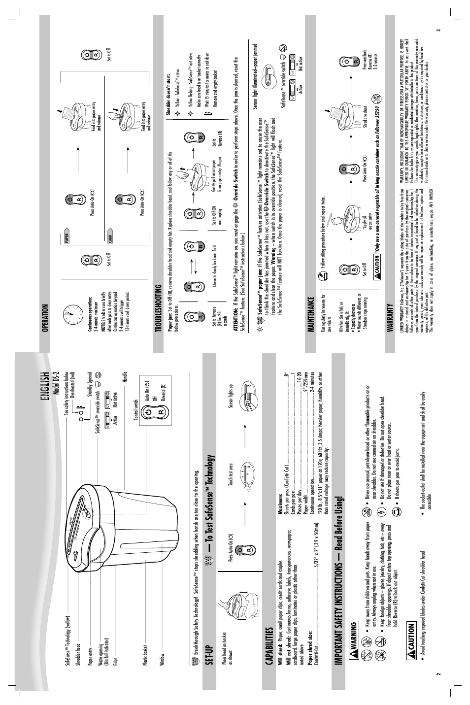 T o t est safesense, Cap abilities, Set -up | Model ds-2model ds, Opera tion troubleshooting maintenance, Warranty | FELLOWES DS-2 User Manual | Page 2 / 2