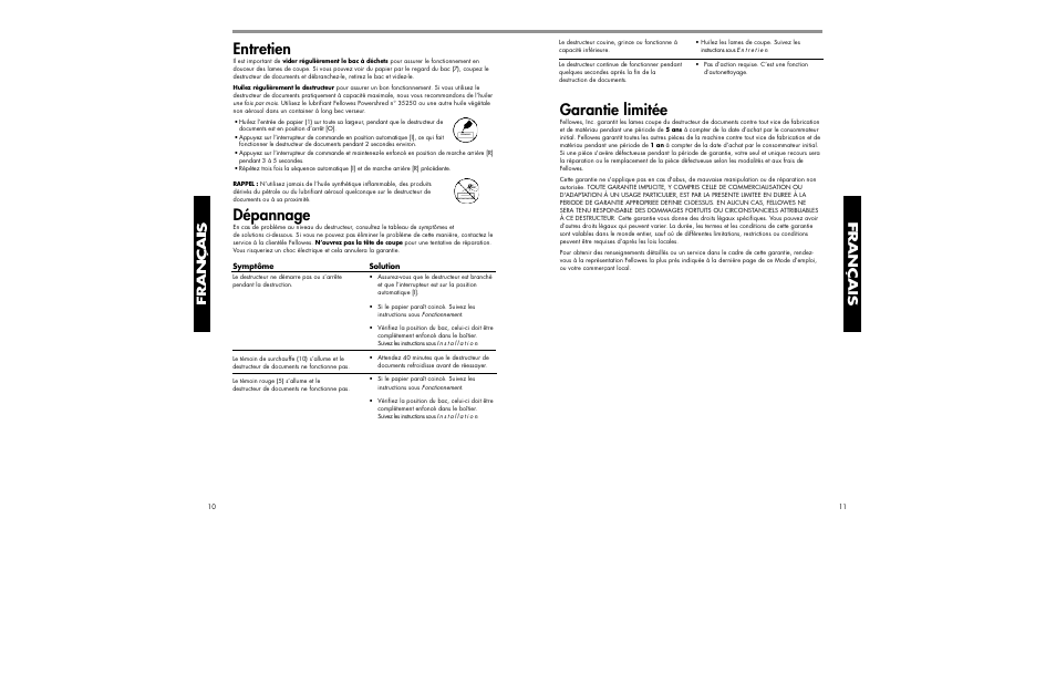 Entretien, Dépannage, Garantie limitée | FELLOWES DM12CT User Manual | Page 10 / 10