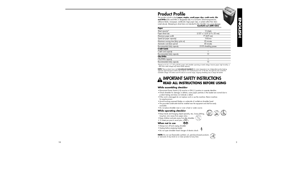 Product profile, Read all instructions before using | FELLOWES DM12CT User Manual | Page 3 / 10