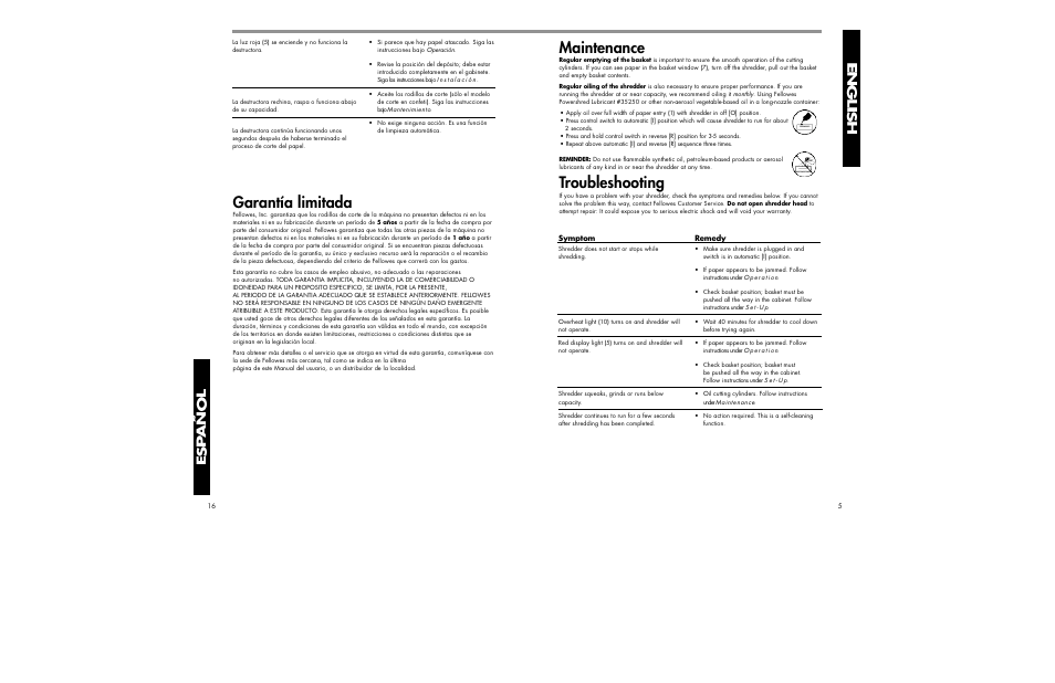 Maintenance, Troubleshooting, Garantía limitada | FELLOWES DM12CT User Manual | Page 5 / 10