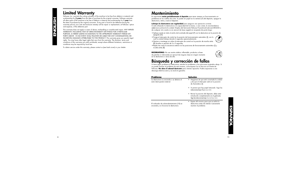 Limited warranty, Mantenimiento, Búsqueda y corrección de fallas | FELLOWES DM12CT User Manual | Page 6 / 10