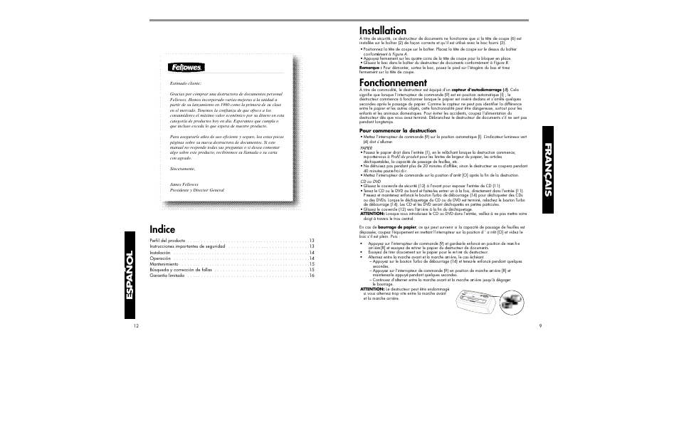 Installation, Fonctionnement, Indice | FELLOWES DM12CT User Manual | Page 9 / 10