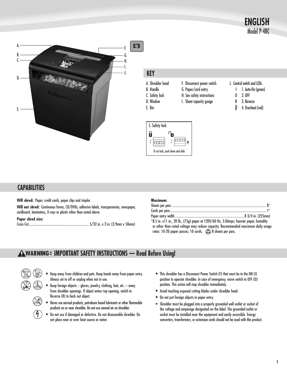 English, Key capabilities, Model p-48c | Important safety instructions — read before using | FELLOWES POWERSHRED P-48C User Manual | Page 2 / 4