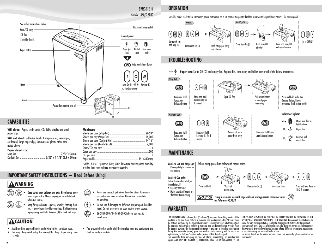 Capabilities, Important safety instructions — read before using, Warranty | Operation troubleshooting, Maintenance | FELLOWES C-380 User Manual | Page 2 / 2