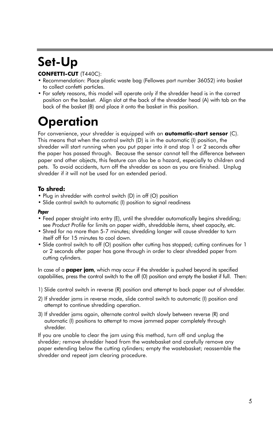 Set-up, Operation | FELLOWES T440C User Manual | Page 5 / 8