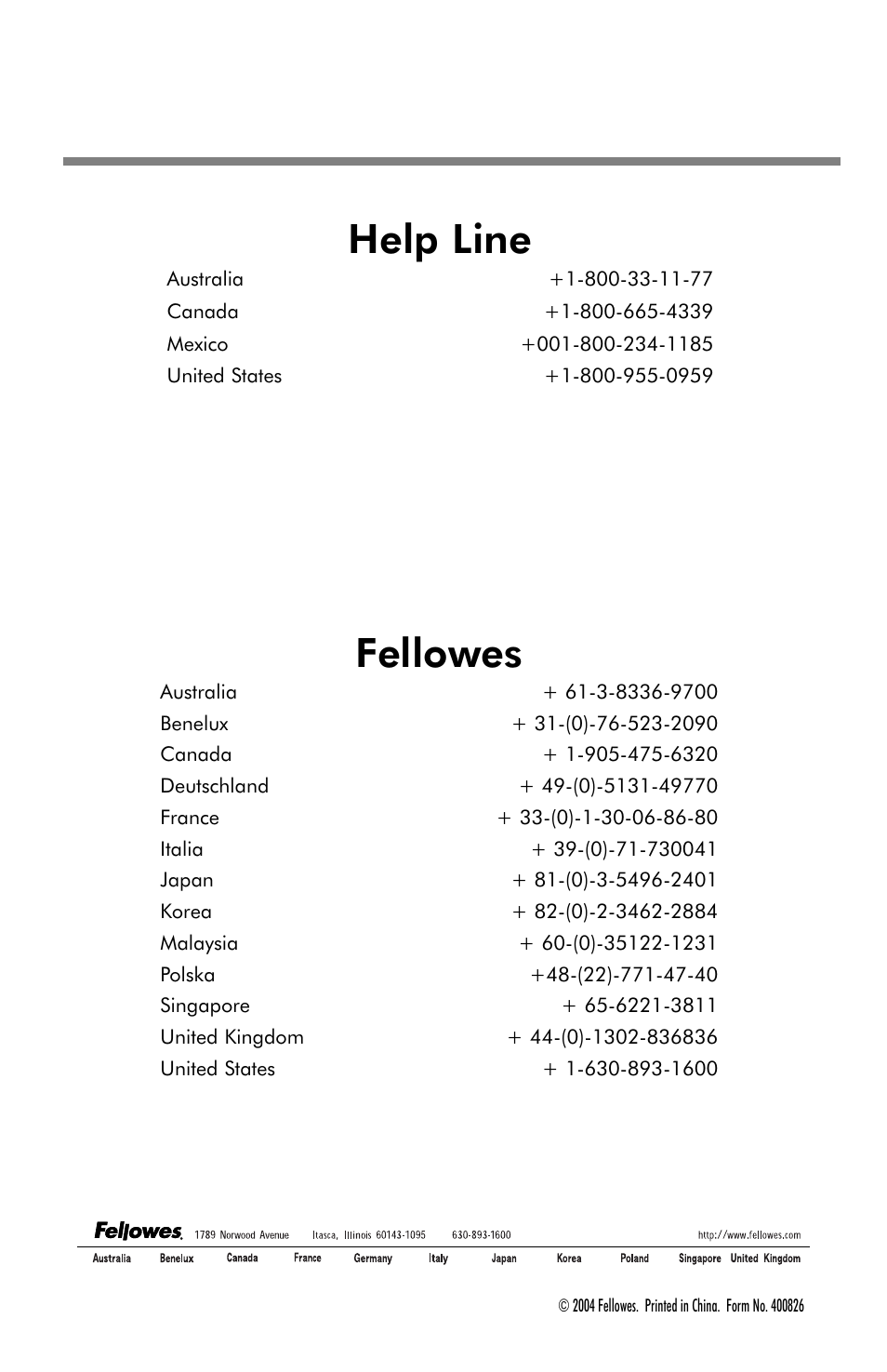 Help line, Fellowes | FELLOWES T440C User Manual | Page 8 / 8