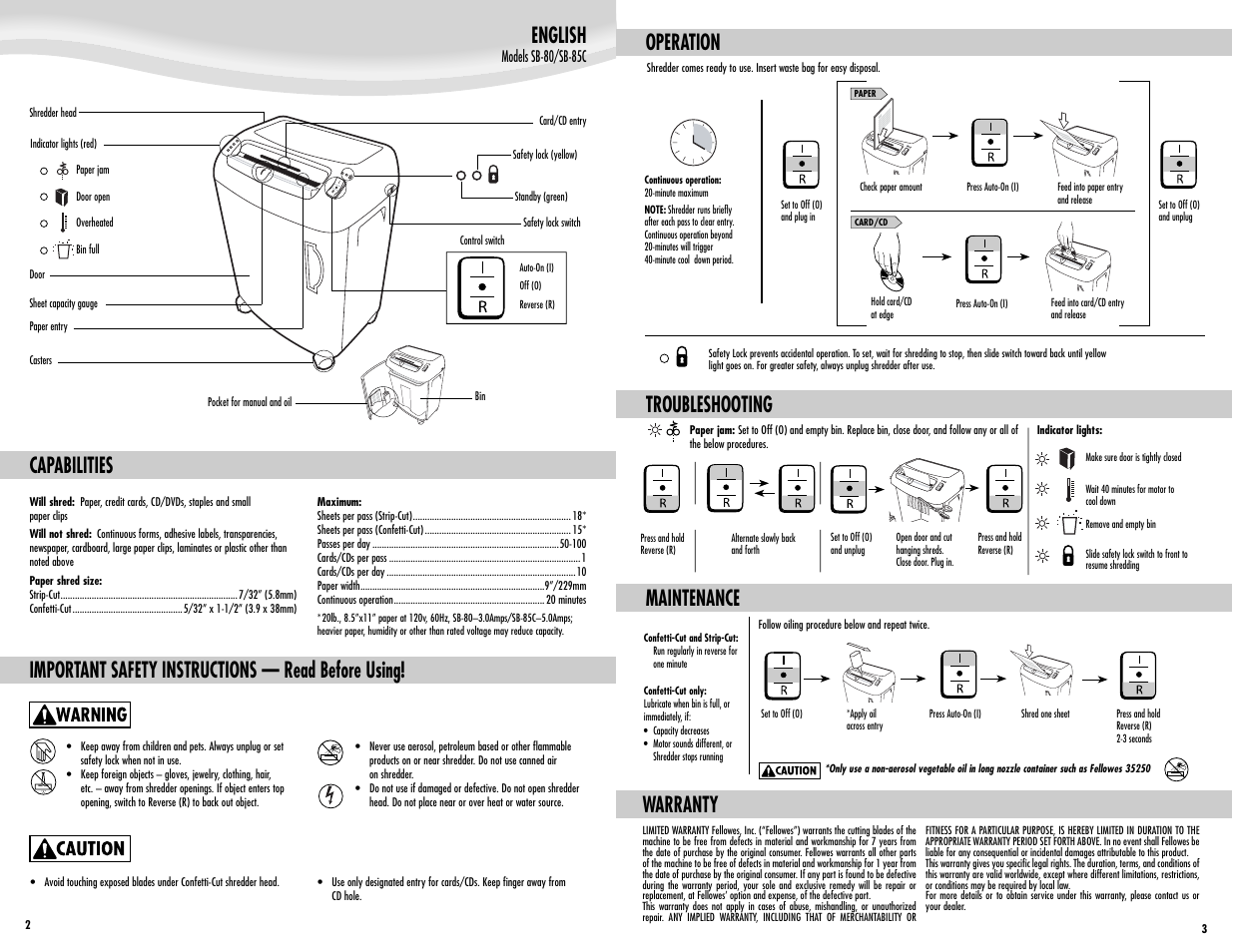 English, Capabilities, Important safety instructions — read before using | Operation troubleshooting, Warranty, Maintenance | FELLOWES SB-85C User Manual | Page 2 / 2