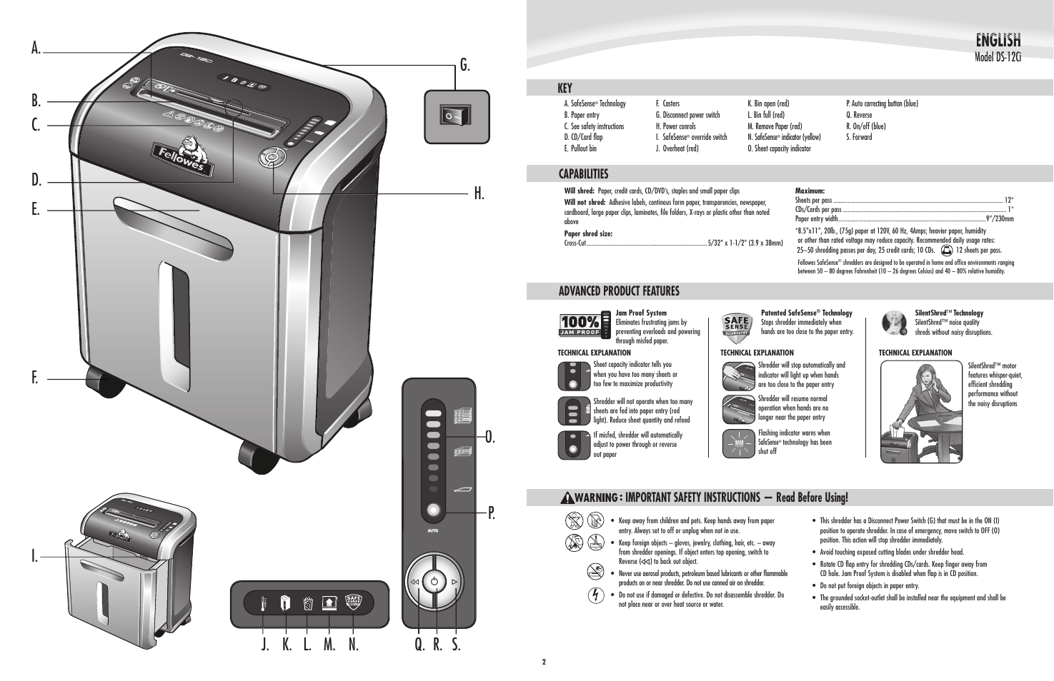 A. b. d. e. f, Q. r. s. p. o. o c, J. k. l. m. n. h. g | Capabilities, Key advanced product features | FELLOWES DS-12Ci User Manual | Page 3 / 5