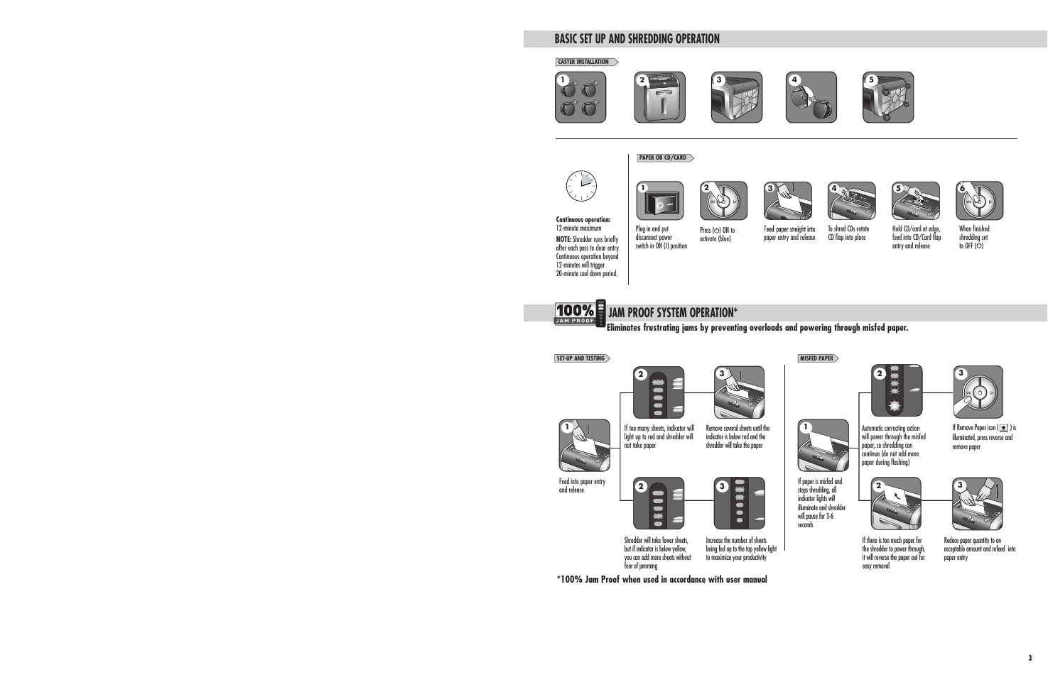 Basic set up and shredding operation, Jam proof system operation | FELLOWES DS-12Ci User Manual | Page 4 / 5