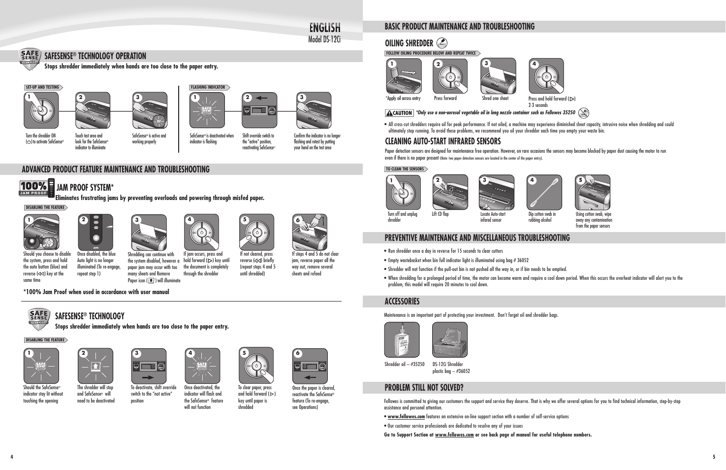 Model ds-12ci model ds 12ci, Technology, Safesense | Technology operation, Jam proof system, Accessories, Problem still not solved, Oiling shredder | FELLOWES DS-12Ci User Manual | Page 5 / 5