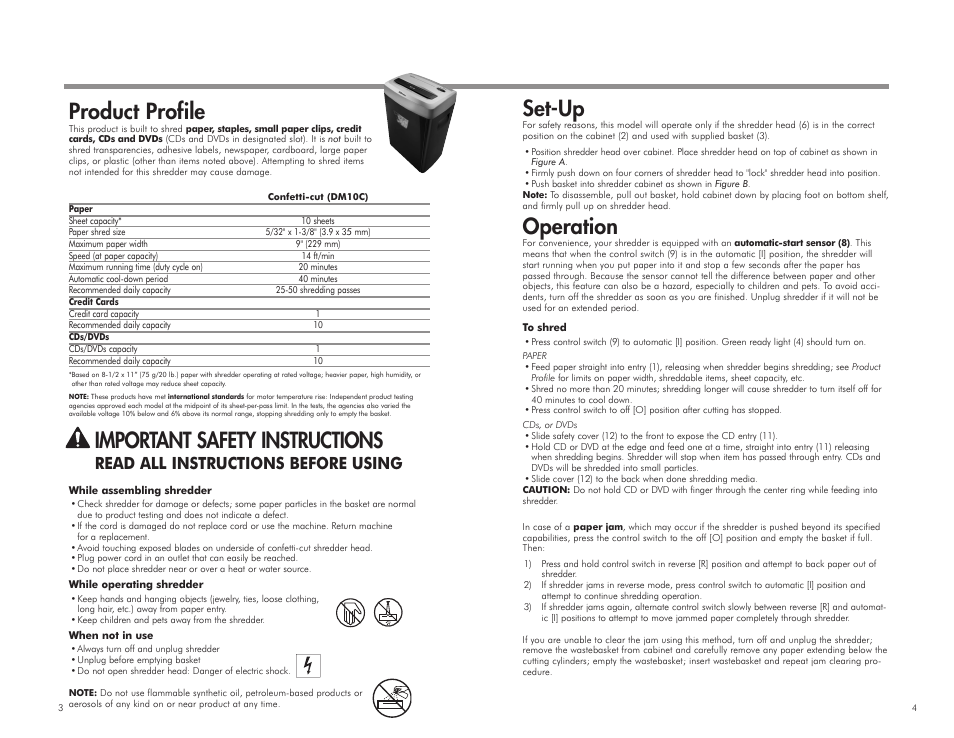 Set-up, Operation, Product profile | Important safety instructions, Read all instructions before using | FELLOWES DM10C User Manual | Page 3 / 4