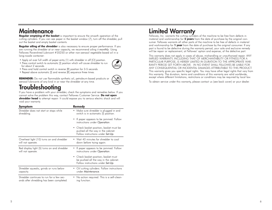 Limited warranty, Maintenance, Troubleshooting | FELLOWES DM10C User Manual | Page 4 / 4
