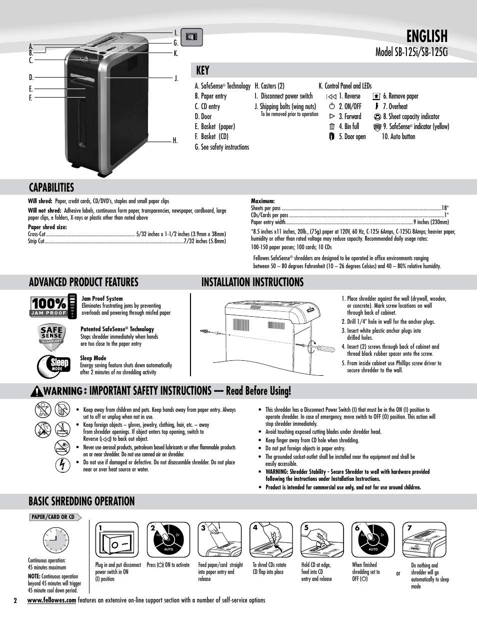 English, Key capabilities, Important safety instructions — read before using | Basic shredding operation | FELLOWES SB-125Ci User Manual | Page 3 / 4