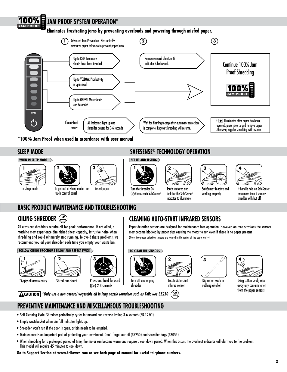 Jam proof system operation, Oiling shredder, Safesense | Technology operation, Sleep mode, Continue 100% jam proof shredding | FELLOWES SB-125Ci User Manual | Page 4 / 4