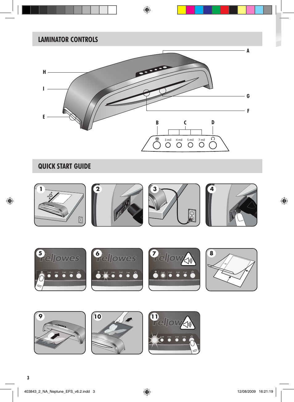 Laminator controls quick start guide, Ef g h i, Bc d a | FELLOWES NEPTUNE 125 User Manual | Page 3 / 8