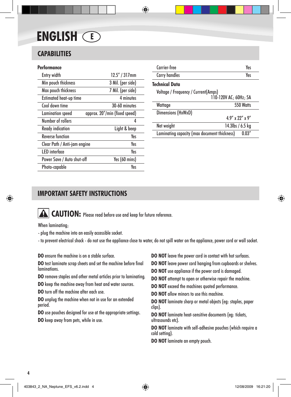 English, Caution, Capabilities | Important safety instructions | FELLOWES NEPTUNE 125 User Manual | Page 4 / 8