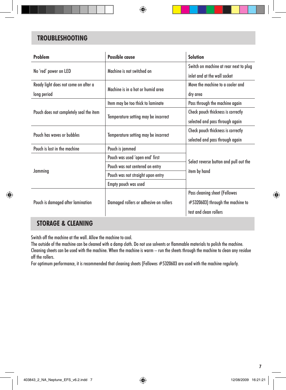 Storage & cleaning troubleshooting | FELLOWES NEPTUNE 125 User Manual | Page 7 / 8
