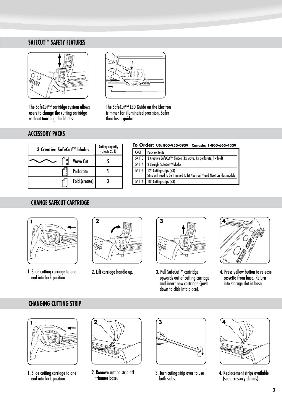 Changing cutting strip, Accessory packs | FELLOWES SafeCut Neutron Plus User Manual | Page 3 / 5