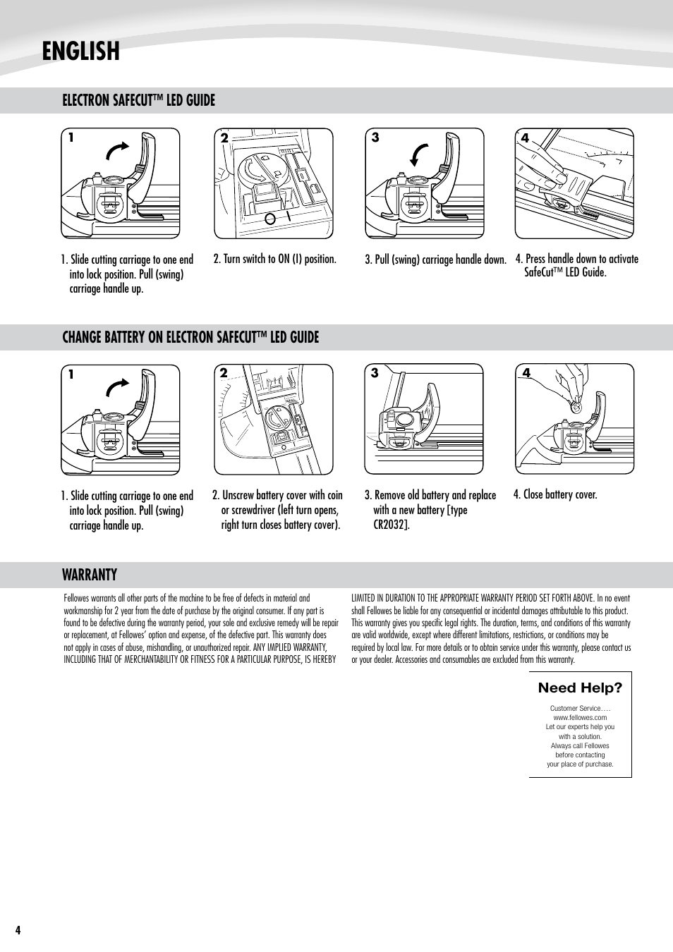 English, Warranty | FELLOWES SafeCut Neutron Plus User Manual | Page 4 / 5