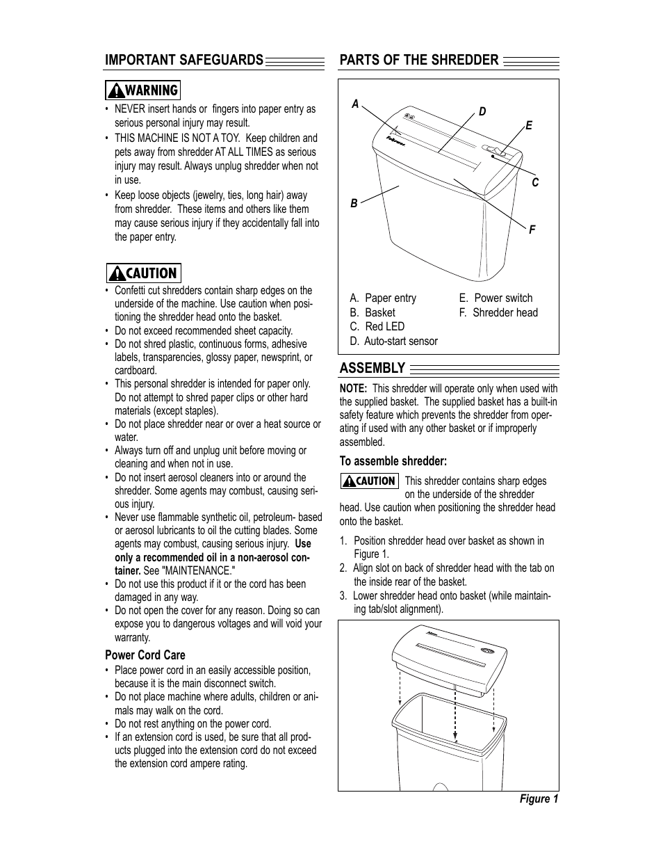 Important safeguards, Parts of the shredder assembly | FELLOWES CC4-2 User Manual | Page 2 / 4