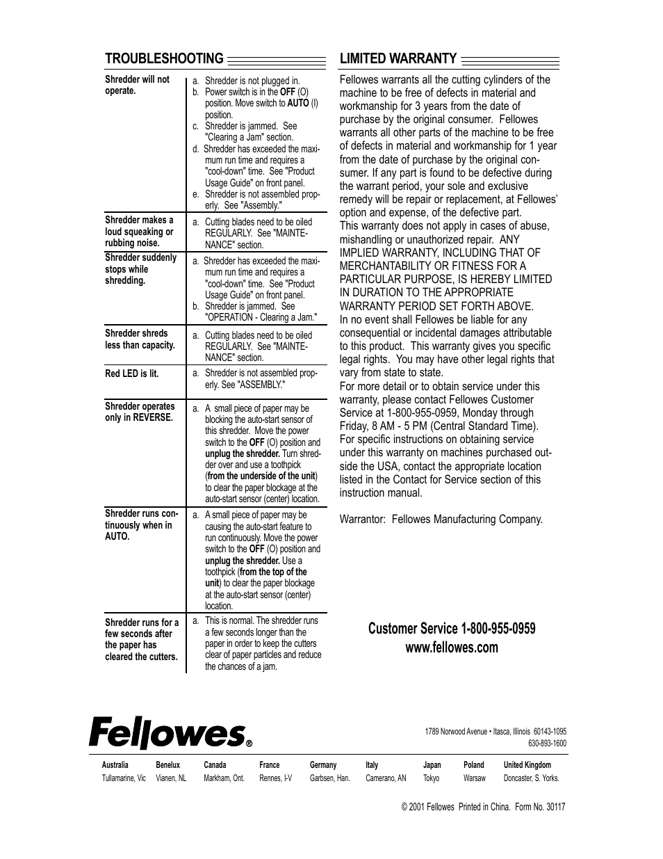 Troubleshooting limited warranty | FELLOWES CC4-2 User Manual | Page 4 / 4