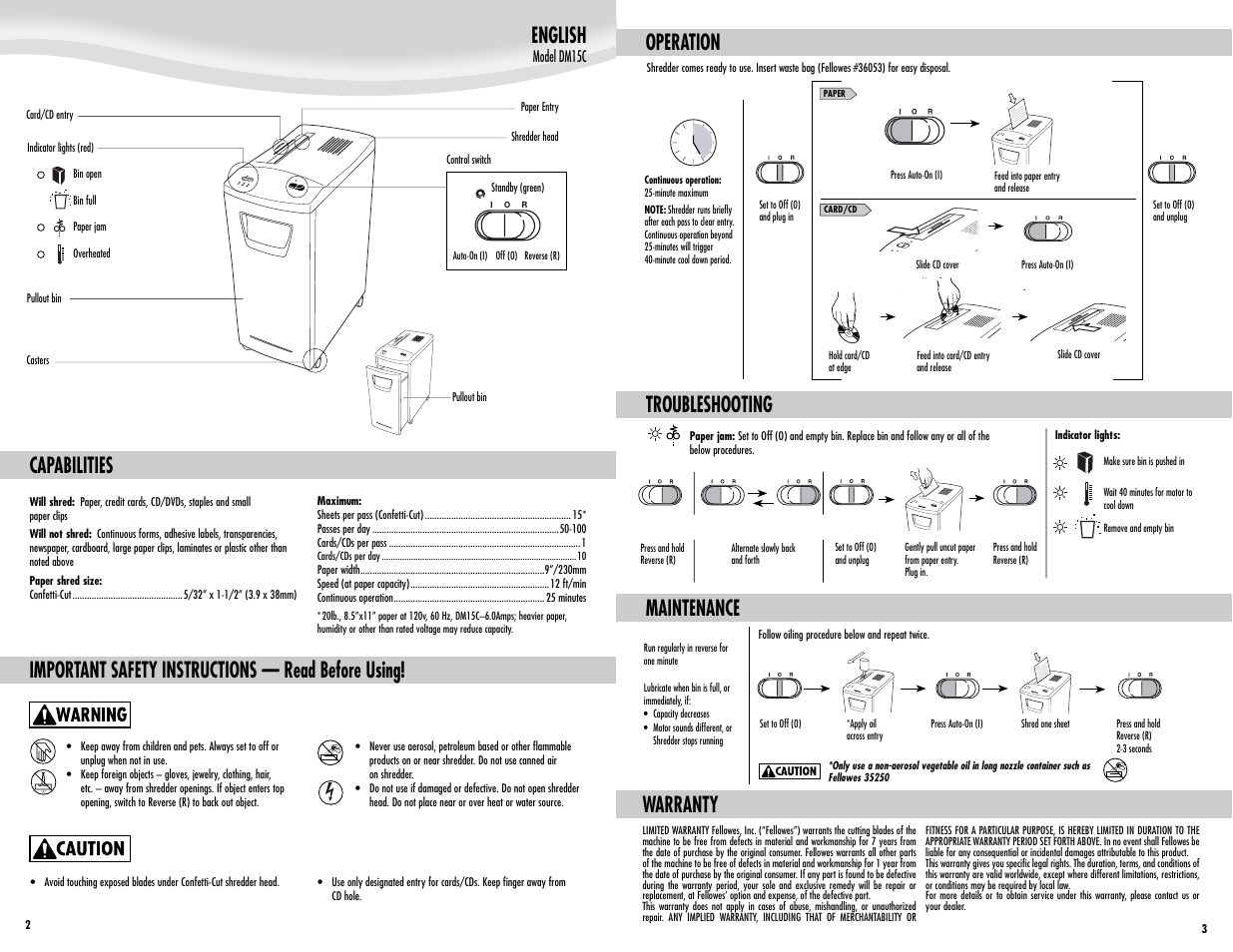 English, Capabilities, Important safety instructions — read before using | Operation troubleshooting, Warranty, Maintenance | FELLOWES DM15C User Manual | Page 2 / 2