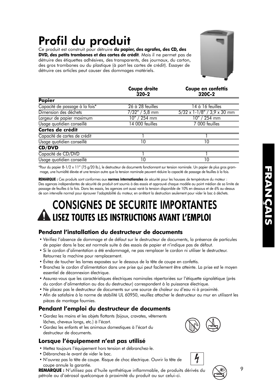 Profil du produit, Consignes de securite importantes, Français | Lisez toutes les instructions avant l’emploi | FELLOWES 320-2 User Manual | Page 10 / 21