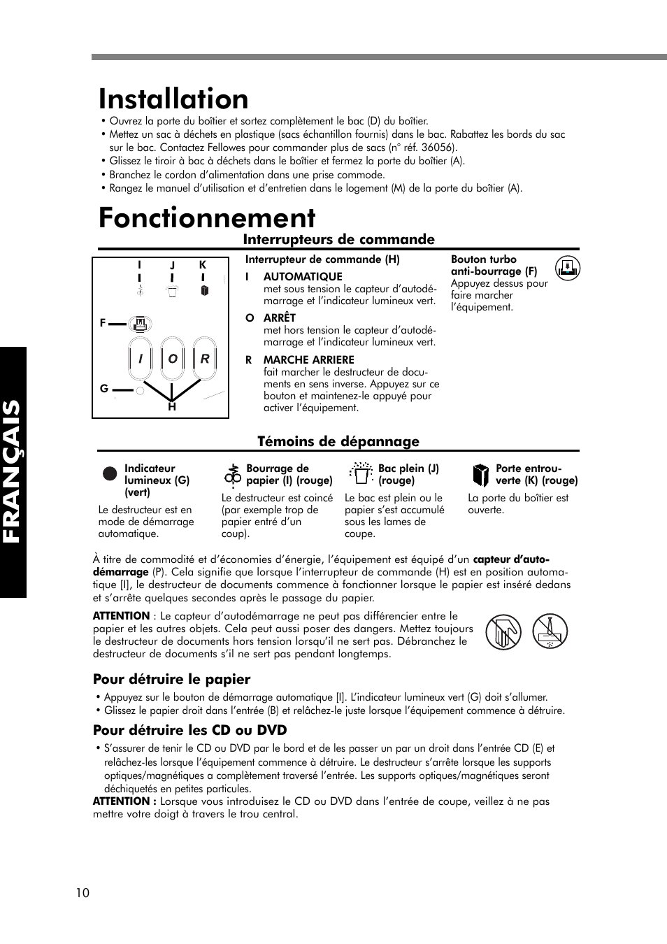 Installation, Fonctionnement, Français | FELLOWES 320-2 User Manual | Page 11 / 21