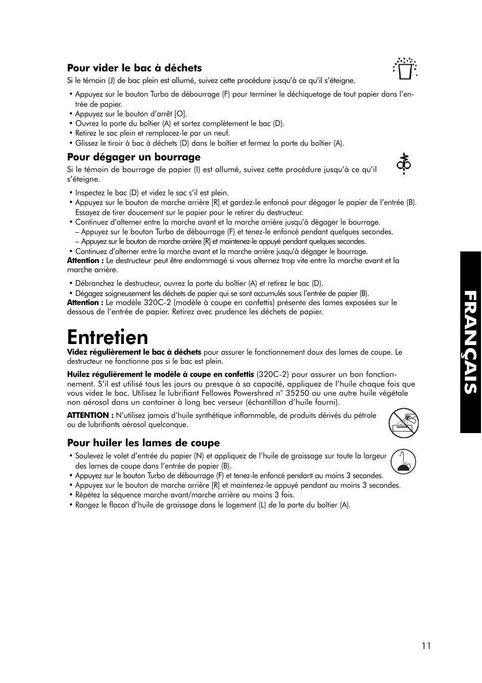 Entretien, Français | FELLOWES 320-2 User Manual | Page 12 / 21